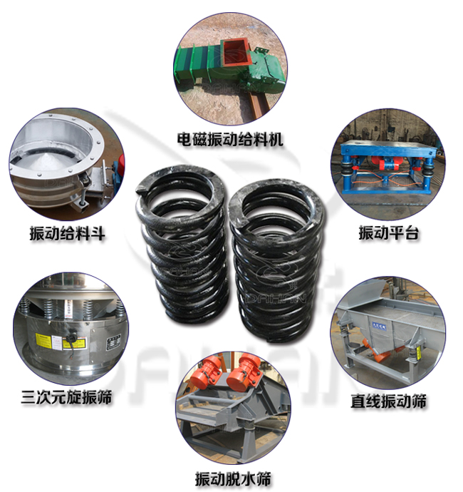 旋振篩減震彈簧適用產(chǎn)品：振動(dòng)給料機(jī)，電磁振動(dòng)給料機(jī)，振動(dòng)平臺(tái)，直線振動(dòng)篩，振動(dòng)脫水篩，三次元旋振篩。
