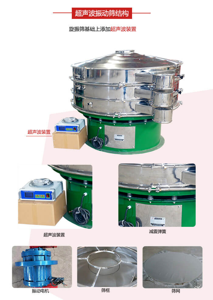 圓篩機內(nèi)部結(jié)構(gòu)：主要由振動電機、篩框、篩網(wǎng)、超聲波系統(tǒng)、減震彈簧等展示圖