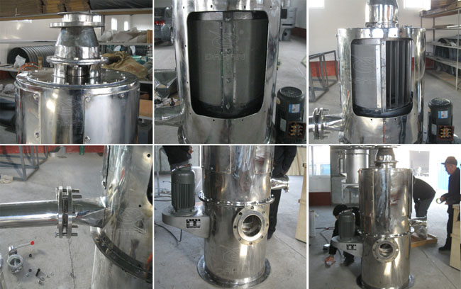 小型立式氣流篩細節：立式氣流篩篩網，立式氣流篩出料口，立式氣流篩電機。