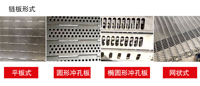 鏈板輸送機鏈板的不同形式：平板式，圓形沖孔板，網狀式等